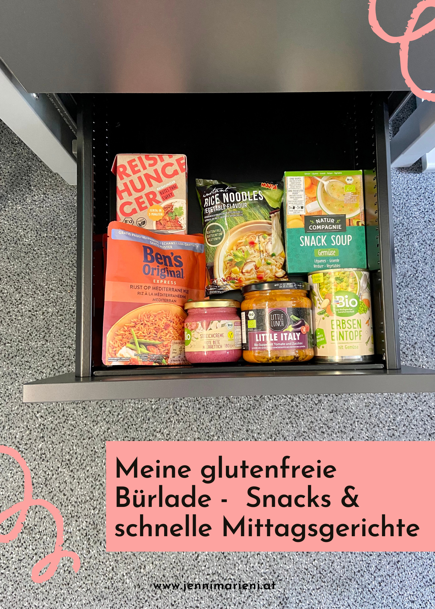 Ein Blick in meine glutenfreie Büroschublade – das sind meine glutenfreien Snacks und schnellen glutenfreien Gerichte für die Arbeit